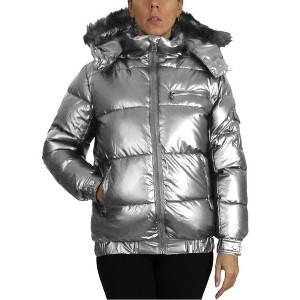 Spire By Galaxy Women's Full Zip Heavyweight Bubble Jacket With Detachable Faux Fur Hood - 1 of 3