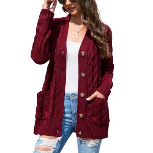 Clearlove Classic Comfort Women's Cable Knit Cardigan Sweater with Pockets Oversized Button Front Cozy Long Sleeve Cover Up - 1 of 4