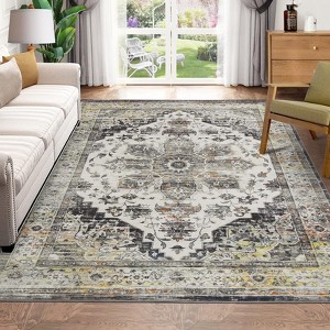5x7 Washable Vintage Area Rug - Distressed Medallion Pattern, Non-Slip & Stain-Resistant for Living Room, Bedroom - Grey - 1 of 4
