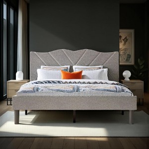 Grey Velvet Queen Size Platform Bed Frame with Abstract Line Headboard - 1 of 4
