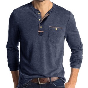Men's Henley Shirt with Contrast Trim, Round Neck Long - Sleeve Button - Down T - Shirt with Pocket, Casual and Stylish Top for Daily Wear - 1 of 4