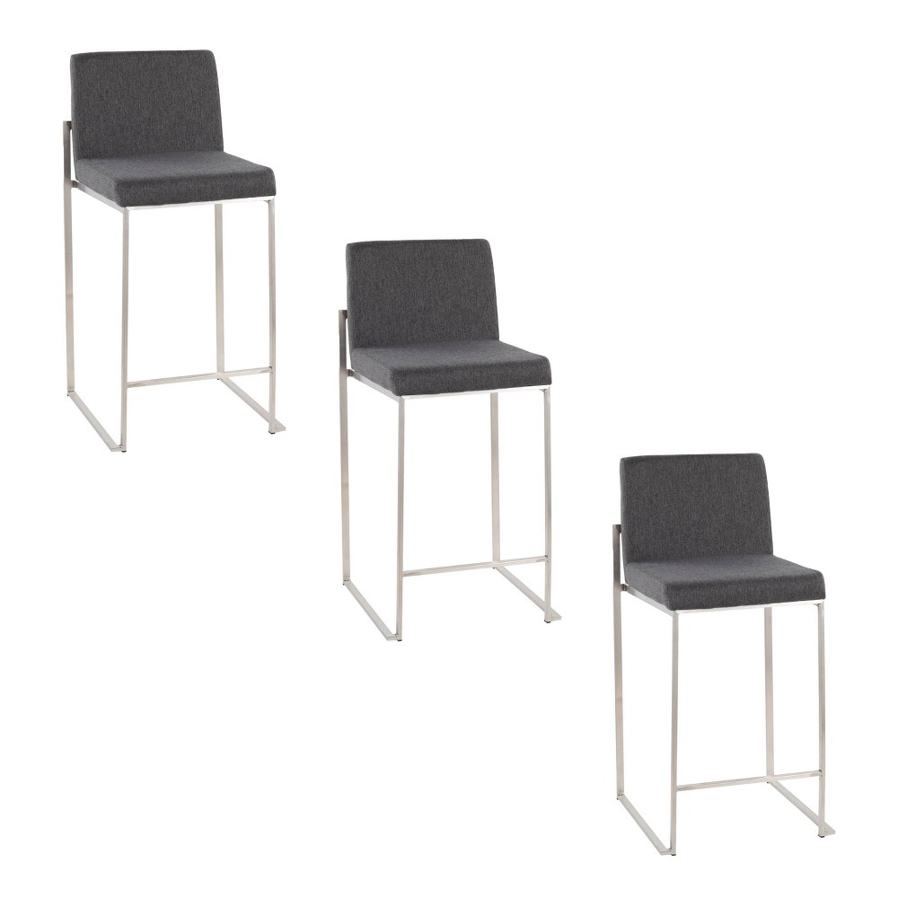 LumiSource Set of 3 Fuji High Back Counter Height Barstools Stainless Steel/Charcoal