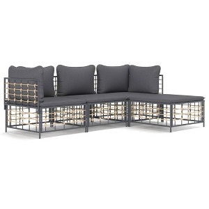 vidaXL 4-Piece Outdoor Furniture Set with Cushions, Weather-Resistant Poly Rattan, Steel Frame, Textilene Material, Anthracite Dark Gray Lounge - 1 of 4