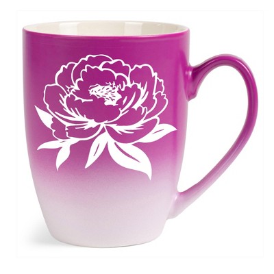 Elanze Designs Botanical Floral Nature Coffee Cup Mug 12 Ounce Ceramic With Ombre Gradient Elegant Minimalist Peony Flower Silhouette Pink and White