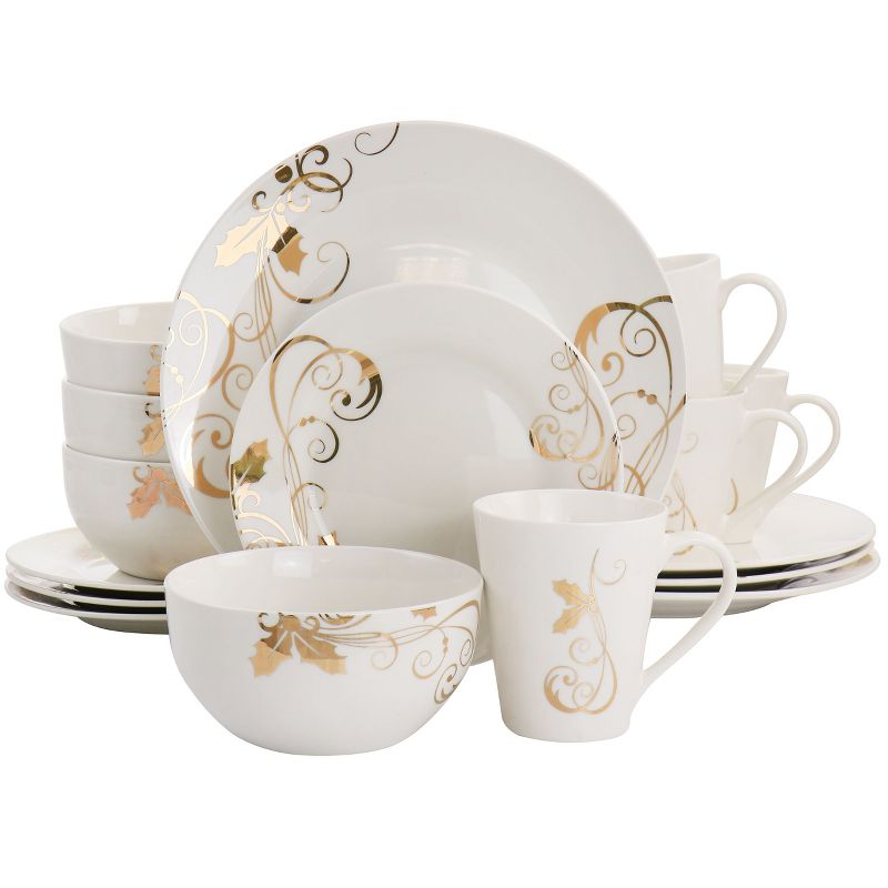 Gibson Home Seasoned Gold Fine Ceramic 16 Piece Dinnerware Set in White and Gold, 1 of 9
