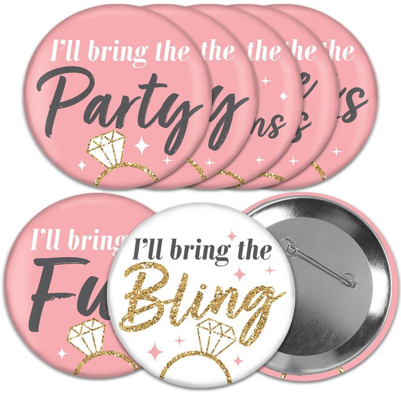 Big Dot of Happiness I'll Bring the Bling - 3 inch Pink and Gold Bachelorette Party Badge - Pinback Buttons - Set of 8, 1 of 9