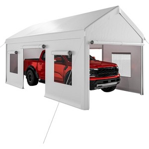 Heavy-Duty Metal Carport Garage with PE Cover and Steel Frame, Outdoor Shed for Cars, Trucks & Boats, Featuring 4 Doors and Mesh Ventilation Windows - 1 of 4