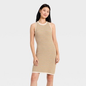Women's Crochet Mini Sweater Dress - A New Day Brown Striped M