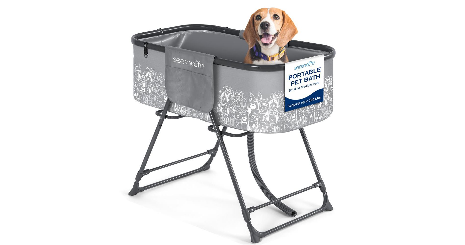 SereneLife Portable Dog Bath Tub with Built-in Drain System, Three-Point Leash Restraint - Gray/Black