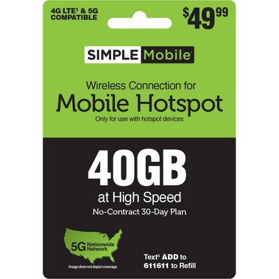 SIMPLE MOBILE Mobile Hotspot 40GB Data 30 Day Plan (EMAIL DELIVERY) - $49.99