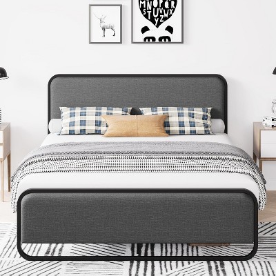 Queen Metal Bed Frame with Curved Upholstered Headboard & Footboard - 10.3" Underbed Space, No Box Spring, Easy Assembly (Grey)