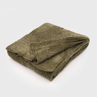 50x60 Shiny Waffle Chenille Knit Throw Blanket Green - Evergrace