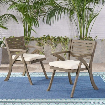 Acacia Wood Outdoor Dining Chairs Set of 2 with Slatted Back, Wooden Patio Armchairs with Water-Resistant Cushions for Garden or Deck-Coolbibila