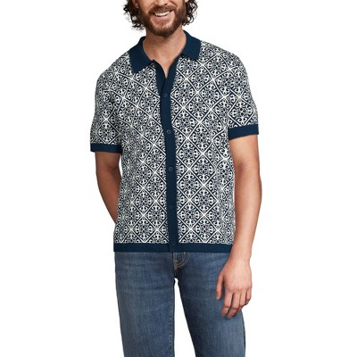 Lands' End Men's Short Sleeve Tile Jacquard Button Down Sweater Polo