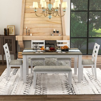 Rustic Style Dining Sets 6 Piece, Dining Sets Bench, Dining Set Solid Wood With Upholstered Chairs And Bench-Cuddlewood
