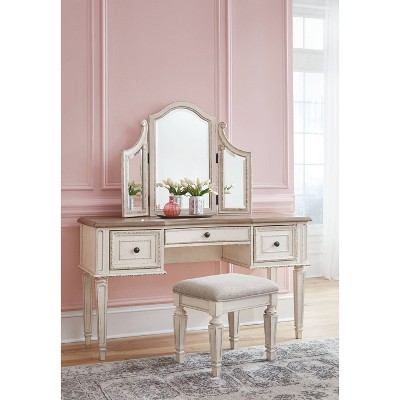 Rustic White 3-Drawer Vanity Set with Bench and Mirror