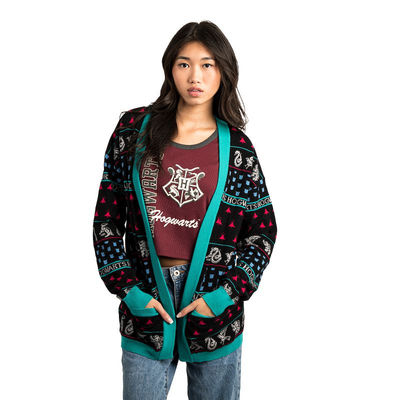 Women's Officially Licensed Harry Potter Relaxed Fit Knit Cardigan - Black with Teal Ribbing & House Icons Jacquard Print, 3 of 5