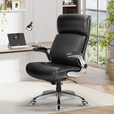High Back Big and Tall Office Chair 300lbs, Ergonomic Desk Chair with Adjustable Lumbar, Flip-Up Padded Arms, Leather Seat, Upgraded Casters - Black