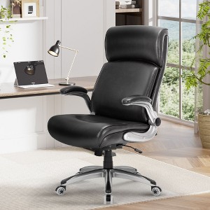 High Back Big and Tall Office Chair 300lbs, Ergonomic Desk Chair with Adjustable Lumbar, Flip-Up Padded Arms, Leather Seat, Upgraded Casters - Black - 1 of 4