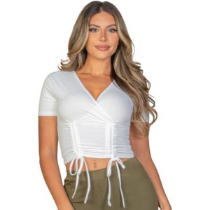 Slickblue Women's Ribbed Surplice Top, Ruched Drawstring Detail, Stretch Fit, 7 Color Options, Size S-L - 1 of 4
