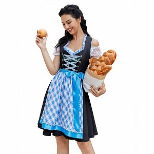 WhizMax Women's German Dirndl Dress Traditional Bavarian Oktoberfest Costumes for Halloween Carnival 3 Pieces,Black and blue grid,XL - 1 of 4