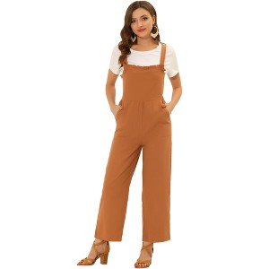 Allegra K Women's Casual Vintage Straps Ruffled Pockets 100% Cotton Wide Leg Overalls Jumpsuit - 1 of 4