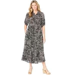 Woman Within Women's Plus Size Petite Roll-Tab Sleeve Crinkle Shirtdress - 1 of 4