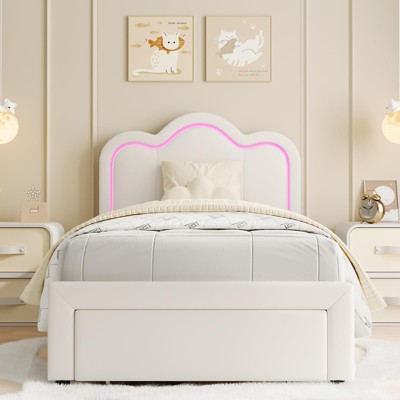 Twin Upholstered Smart LED Bed Frame with Adjustable Hills Headboard, PU Leather Platform Bed Frame for Kids
