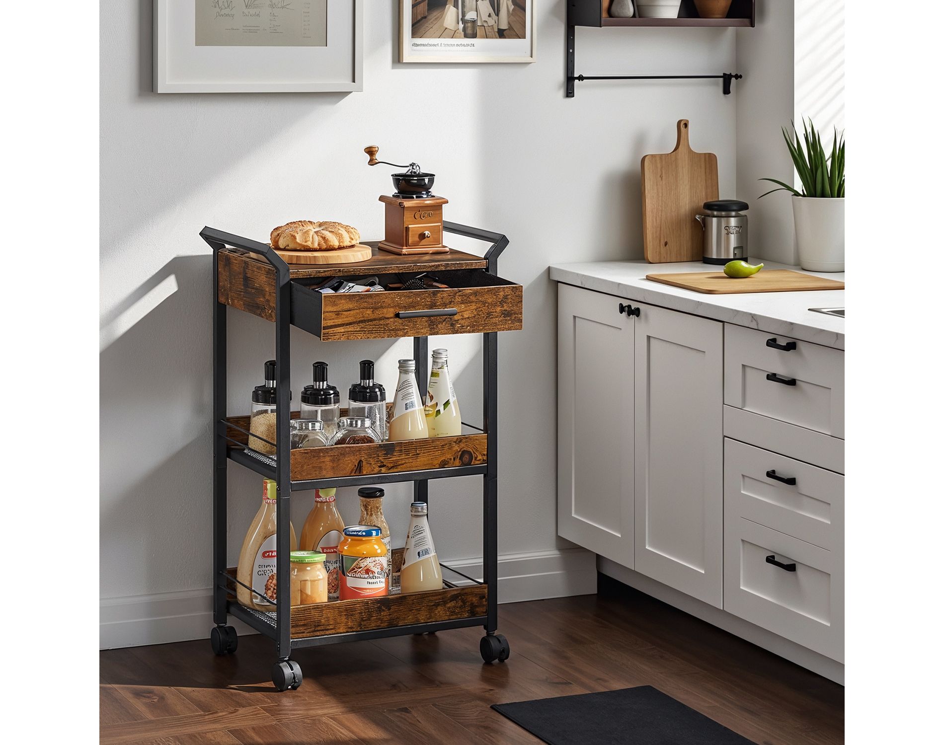 LEDREM Storage Cart, 3-Tier Rolling Kitchen Organizer with Drawer, 18.1 x 11.8 x 27.7 Inches, Brown and Black
