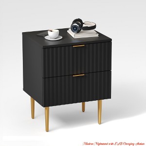 1/2 Pack Modern Nightstand with USB Charging Station, Gold & Wood Fluted Bedside Night Stand with 2 Drawers - 1 of 4