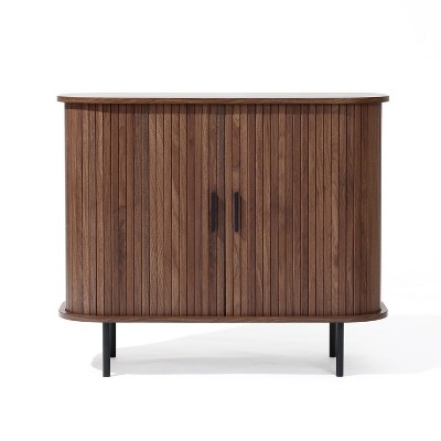 LuxenHome Mid-Century Modern 2-Door Accent Cabinet with Slatted Sliding Doors, Dark Oak Brown