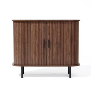 LuxenHome Mid-Century Modern 2-Door Accent Cabinet with Slatted Sliding Doors, Dark Oak Brown - 1 of 4