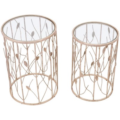 Gold and Glass Botanical Round Accent Tables Set of 2