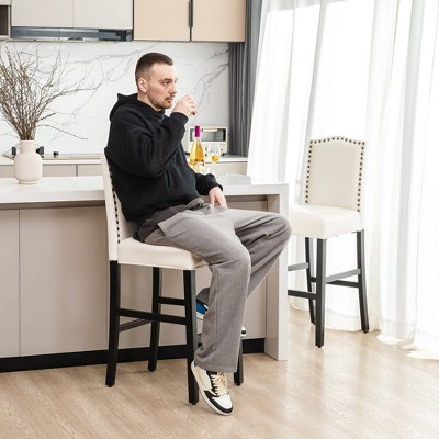 Set of 2 Cream White Leatherette Studded Barstools with Wood Legs