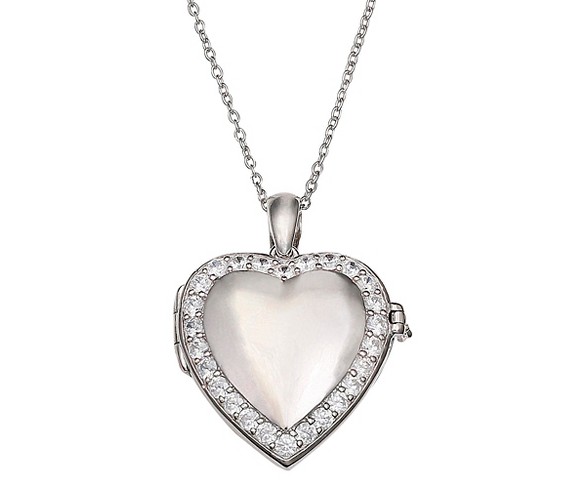Women's Polished Heart Locket with Pave Cubic Zirconia Stones in Sterling Silver - Clear/Silver