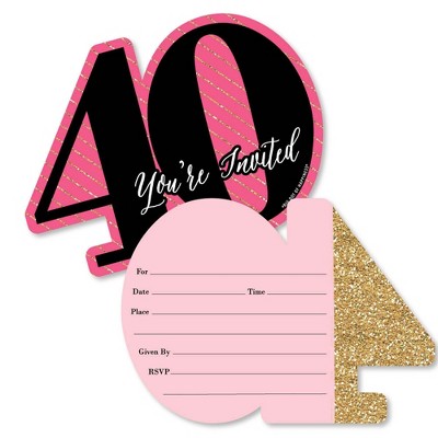 Big Dot of Happiness Chic 40th Birthday - Pink, Black and Gold - Shaped Fill-in Invites - Birthday Party Invitation Cards with Envelopes - Set of 12