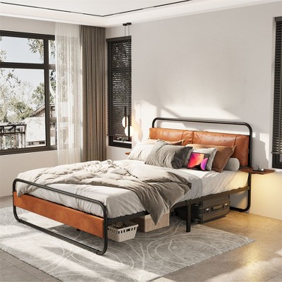 Queen Size Bed Frame with Upholstered Headboard, Metal Platform Bed with Side Table, Metal Slats Support, No Box Spring Needed, Under Bed Storage