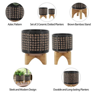 Modern Ceramic and Bamboo Planter Set, 8" x 11", in Rich Brown