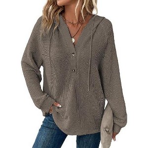 Coolmee Hoodies for Women Knit Long Sleeve Drawstring Button V Neck Casual Pullover Sweatshirt Hooded Tops - 1 of 3