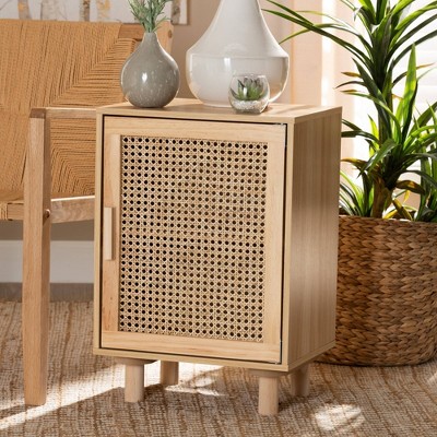 Mid-Century Modern Natural Brown Pine & MDF End Table with Rattan Door