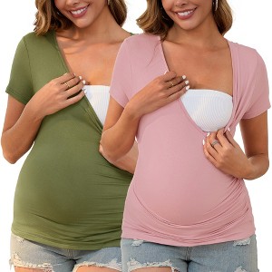 INSPIRE CHIC 2 Pcs Women's Soft Material Faux Wrap Side Ruched Cross V Neck Maternity Top - 1 of 4