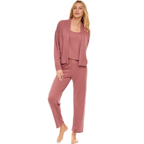Adr Women's Ribbed Knit Cardigan Thermal Sleepwear Set Hip Length Jacket,  Cami Top And Pajama Pants Rose Taupe Large : Target