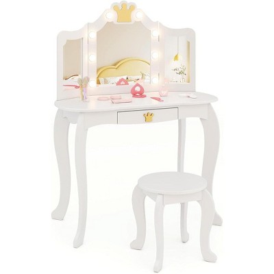 Costzon Kids Vanity Set with Mirror, Stool & Lights, Drawer, 2-in-1 Wooden Princess Makeup Desk, Pretend Play Table & Chair Set (White)