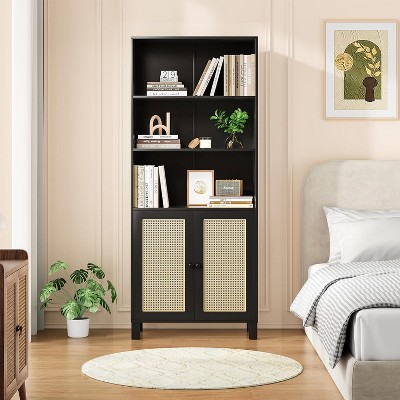 Lirago 5 Shelf Tall Bookcase with Rattan Doors Black Freestanding Storage Display Shelves for Home Office Bedroom Living Room Easy to Assemble