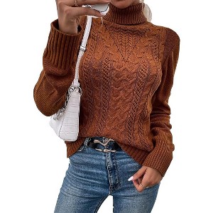 Imily Bela Women's Autumn/Winter Casual High Neck Long Sleeve Cable Knit Solid Slim Fit Turtleneck Sweater Pullover Tops - 1 of 4