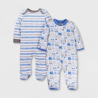 Lamaze Baby Boys' Organic Cotton 2pk Striped Bear Print Sleep N' Play - Blue/White 9M