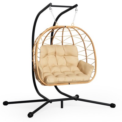 Pamapic 2-Person Large Hanging Wicker Double Egg Porch Swing Chair with Stand and Cushion