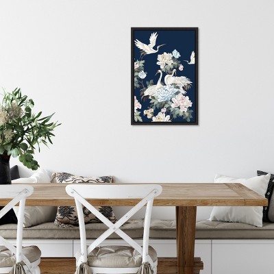 Pearly White Cranes on Navy Canvas Wall Art Print