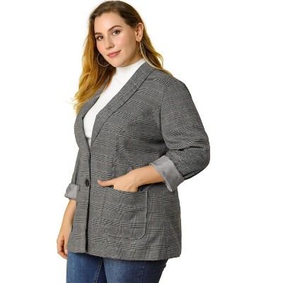 Agnes Orinda Women's Plus Size Plaid Formal Notched Lapel Blazer Grey 1x :  Target