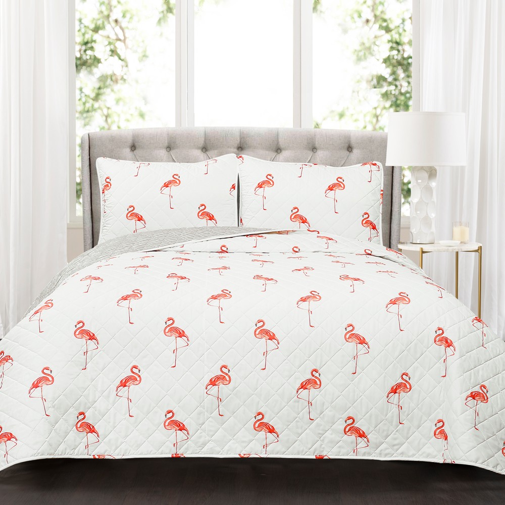 Photos - Duvet King Coral Kelly Flamingo Quilt Set - Lush Décor